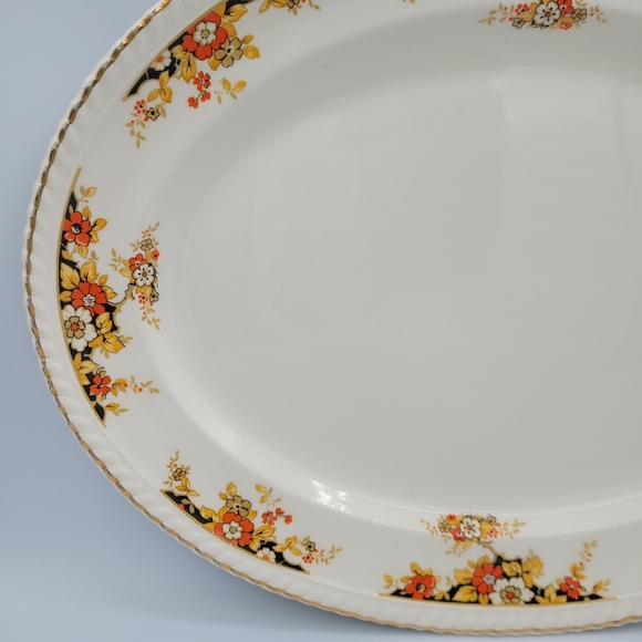 Vintage Johnson Bros. Old English Oval Serving Platter Navy Gold Orange Floral - Picture 9 of 12